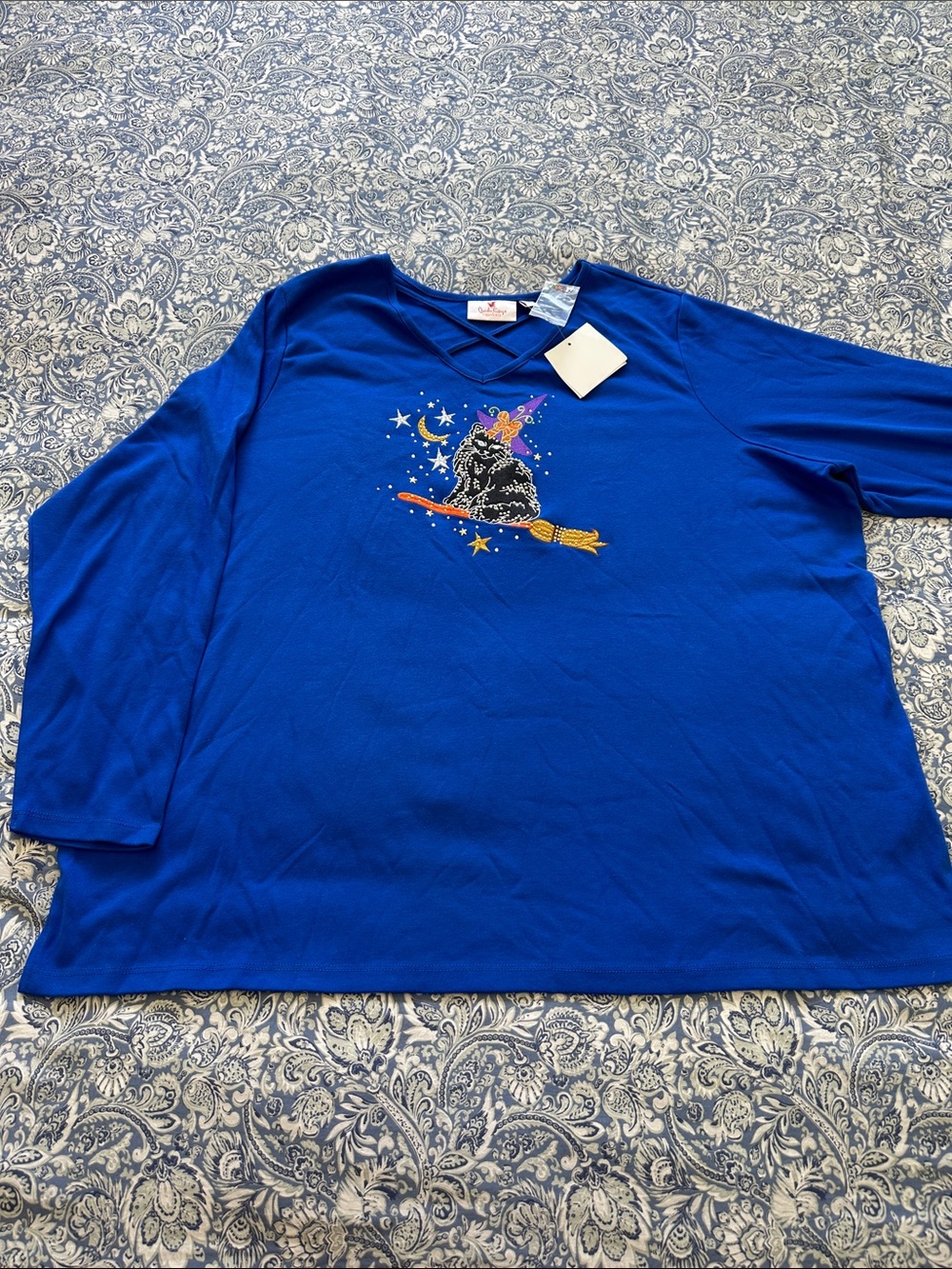 Quacker Factory Royal Blue Witch Cat Embroidered Top